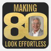 80e verjaardag foto zwart en goud moeiteloos vierkante sticker (Voorkant)