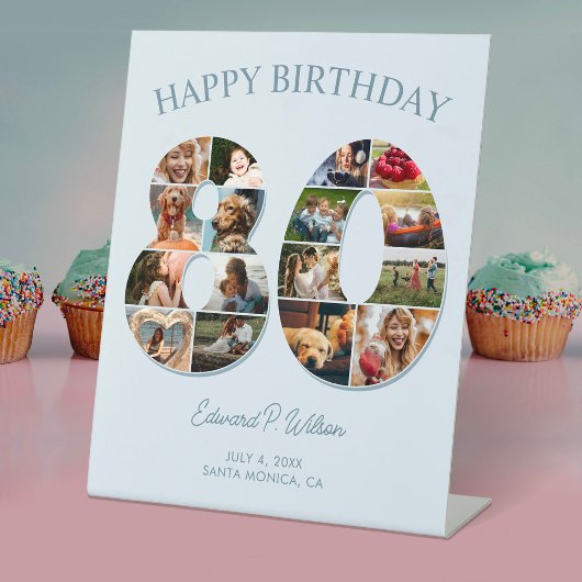 80e verjaardag fotocollage Elegant en tijdloos Reclamebord Met Voetstuk