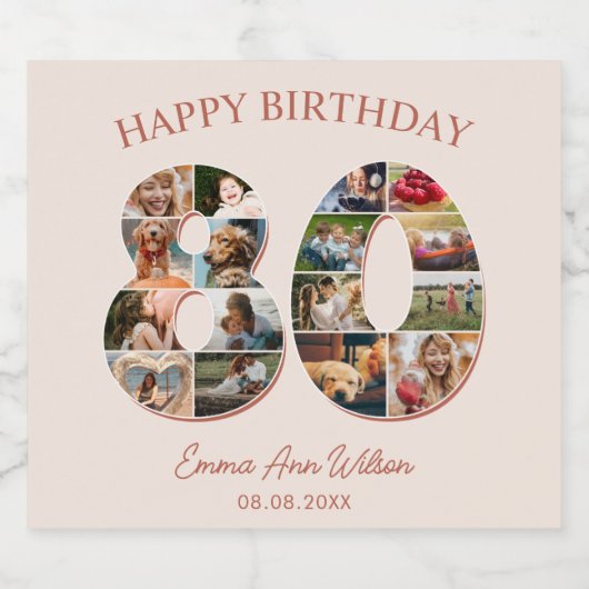 80e verjaardag fotocollage Elegant en tijdloos Sparkling Wijnetiket (Enkel label)