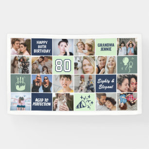 80e Verjaardag Fotocollage Op Maat Munt Blauw Spandoek