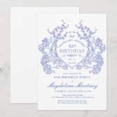 80e Verjaardag Franse Vintage Blauwe Bloemen Crest Kaart (Voorkant / Achterkant)