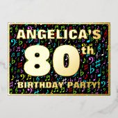 80e verjaardag — Fun, Colorful Music Symbols Folie Uitnodiging (Voorkant)