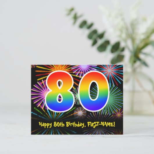 80e verjaardag - Fun Fireworks Pattern + Rainbow 8 Briefkaart (Staand voorkant)