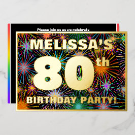 80e verjaardag — Fun, kleurrijke Fireworks look Folie Uitnodiging