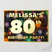 80e verjaardag — Fun, kleurrijke Fireworks look Folie Uitnodiging (Voorkant)