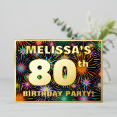 80e verjaardag — Fun, kleurrijke Fireworks look Folie Uitnodiging (Staand Voorkant)