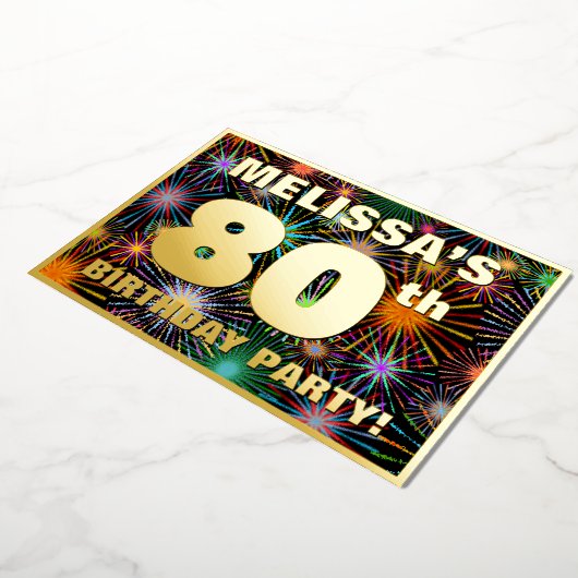 80e verjaardag — Fun, kleurrijke Fireworks look Folie Uitnodiging (Gedraaid)