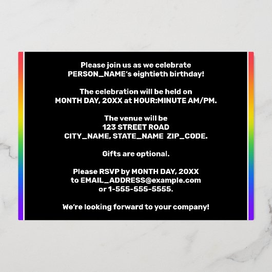 80e verjaardag — Fun, kleurrijke Fireworks look Folie Uitnodiging (Achterkant)