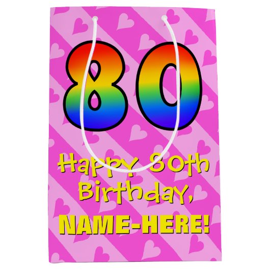 80e verjaardag: Fun Pink Hearts Stripes; Rainbow 8 Medium Cadeauzakje (Voorkant)