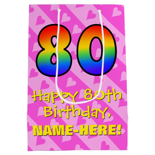 80e verjaardag: Fun Pink Hearts Stripes; Rainbow 8 Medium Cadeauzakje (Achterkant)