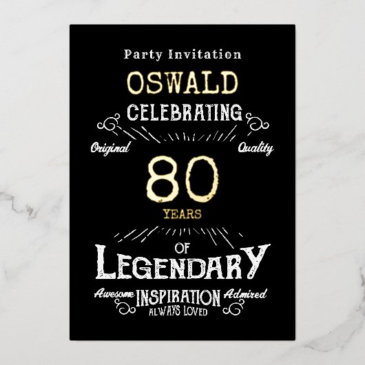 80e verjaardag Geboren Legendary Zwart Goud Retro Folie Uitnodiging (Voorkant)