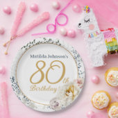 80e verjaardag geel bloemig elegante aangepaste fo papieren bordje (Feest)