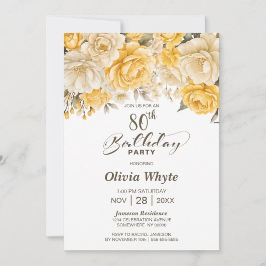 80e verjaardag Geel Rose Bloemenfeest Kaart (Voorkant)