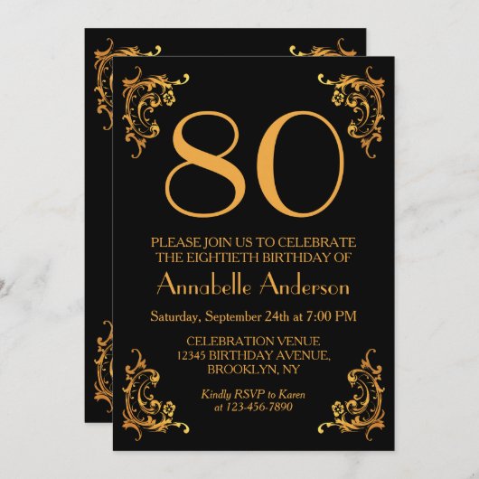 80e Verjaardag Glam Modern Goud Zwart  Retro Kaart (Voorkant / Achterkant)