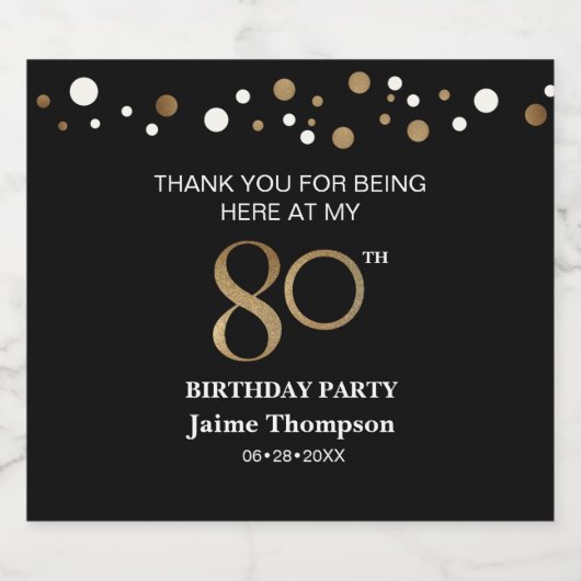 80e verjaardag Gold black confetti bedankt Aangepa Sparkling Wijnetiket (Enkel label)