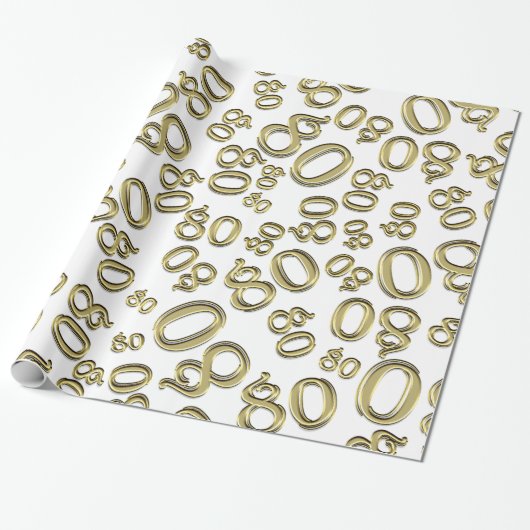 80e verjaardag Gold/wit nummer 80 Patroon (L) Cadeaupapier (Uitgerold)