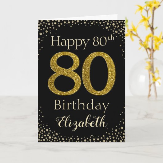 80e verjaardag Golden Glitter Kaart (Gele Bloem)