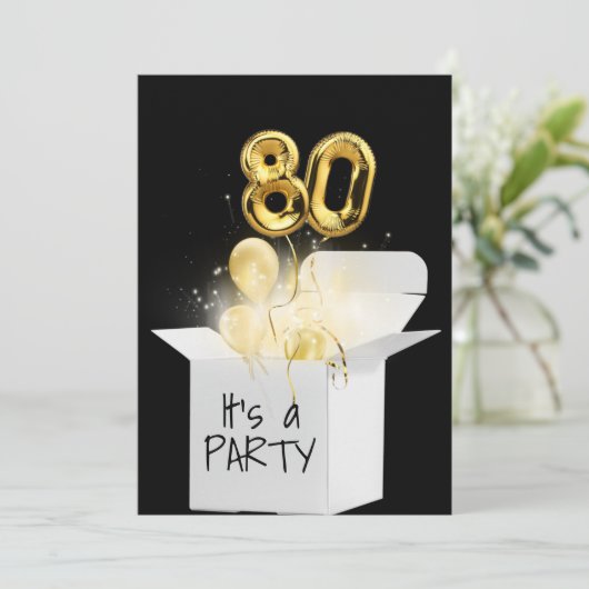 80e verjaardag goudballonnen in witte doos kaart (Staand voorkant)