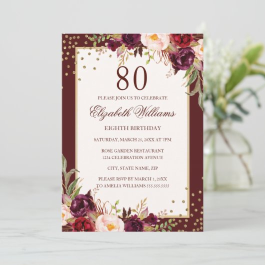 80e verjaardag Gouden Bourgondische Bloemenuitnodi Kaart (Staand voorkant)