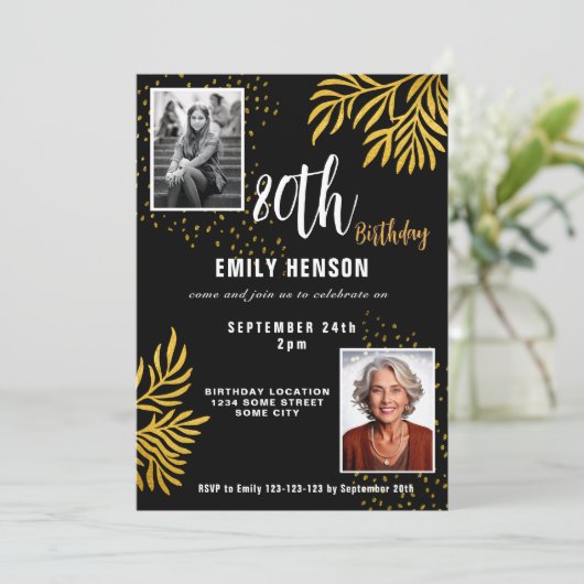 80e verjaardag gouden gebladerte 2 fotofeest kaart (Staand voorkant)