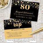 80e verjaardag Gouden Sterren Aangepaste kleur RSVP Kaartje<br><div class="desc">Feestelijke verjaardagsviering RSVP-kaarten voor elke leeftijd met gouden sterren en strijklichten in uw keuze van kleuren (getoond met gouden tekst en zwarte en gouden achtergrondkleuren op de voor- en achterkant voor en 80e verjaardag). Breng wijzigingen aan in BEWERKEN. ASSISTENTIE: Voor hulp bij ontwerpwijziging of personalisatie, kleurwijziging, vergroten/verkleinen, overbrengen van het...</div>