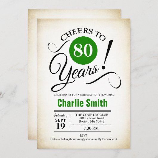80e verjaardag - Groen zwart wit Kaart (Voorkant / Achterkant)