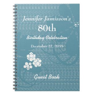 80e verjaardag Guest Book Blue, White Floral Notitieboek