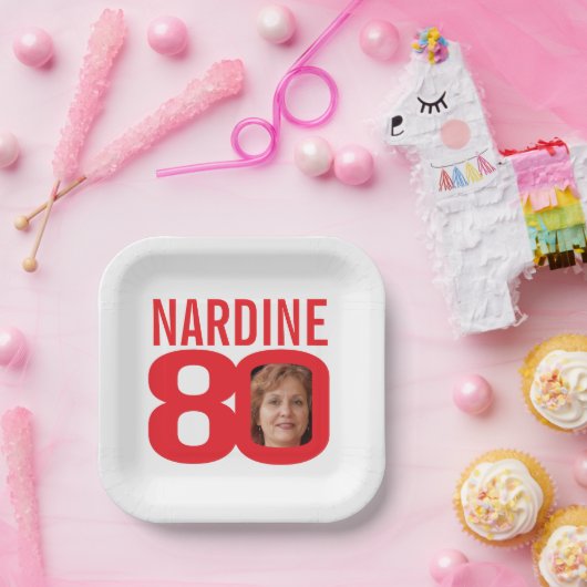 80e verjaardag helderrood wit 80 aangepaste foto papieren bordje (Feest)