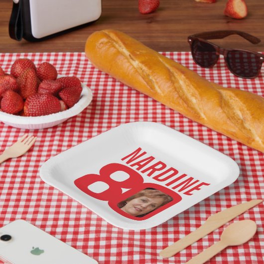80e verjaardag helderrood wit 80 aangepaste foto papieren bordje (Picknick)