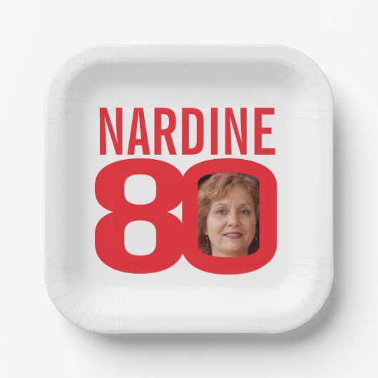 80e verjaardag helderrood wit 80 aangepaste foto papieren bordje (Voorkant)