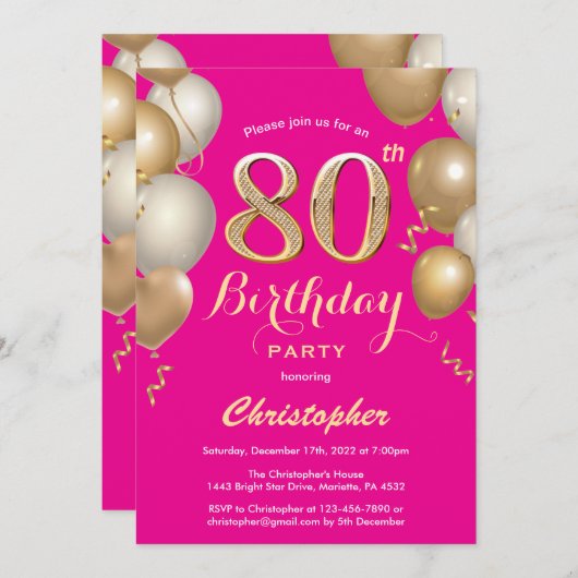 80e verjaardag Hot Pink en Gold Balloons Confetti Kaart (Voorkant / Achterkant)