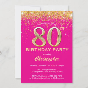 80e verjaardag Hot Pink en Gold Glitter Confetti Kaart