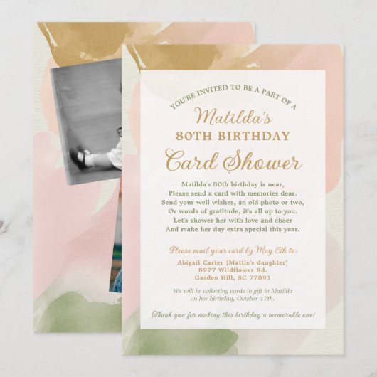 80e verjaardag Kaart Douche per post Fotouitnodigi (Voorkant / Achterkant)