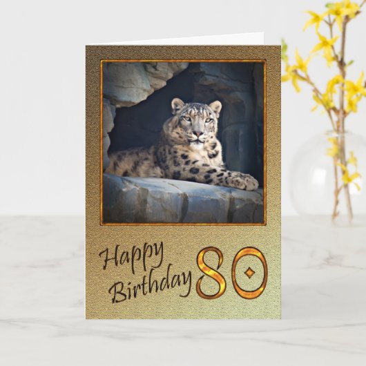 80e verjaardag Kaart met een sneeuwluipaard (Gele Bloem)