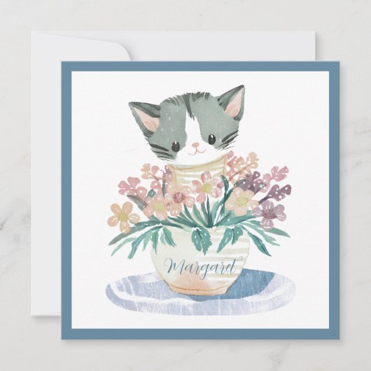 80e verjaardag | Kitten zitten in een pot met bloe Kaart (Voorkant)