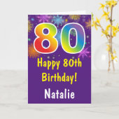 80e verjaardag Kleurrijk Regenboog Vuurwerk Paarse Kaart (Gele Bloem)