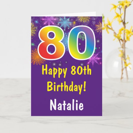 80e verjaardag Kleurrijk Regenboog Vuurwerk Paarse Kaart (Gele Bloem)