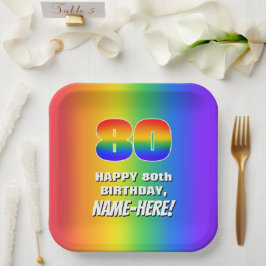 80e verjaardag: kleurrijk, vun regenboogpatroon # papieren bordje