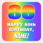 80e verjaardag: kleurrijk, vun regenboogpatroon #  vierkante sticker (Voorkant)