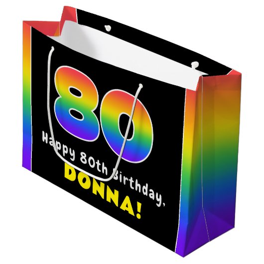 80e verjaardag: kleurrijke regenboog # 80, aangepa groot cadeauzakje (Voorkant Gekanteld)