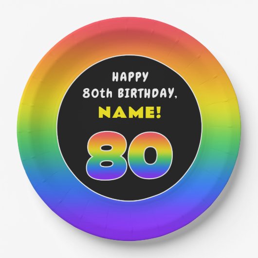 80e verjaardag: kleurrijke regenboog # 80, aangepa papieren bordje (Voorkant)