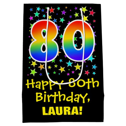 80e verjaardag: kleurrijke sterren patroon & regen medium cadeauzakje (Achterkant)