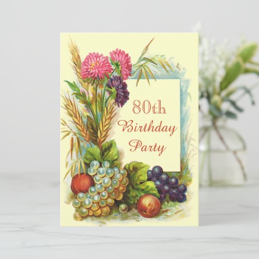 80e verjaardag, kleurrijke vruchten en bloemen kaart (Staand voorkant)