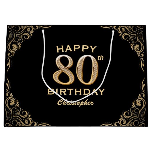 80e verjaardag Lijst voor zwarte en goudglitter Groot Cadeauzakje (Voorkant)