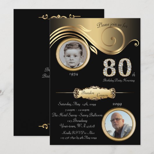 80e, Verjaardag Man 80e, elegant art deco, zwart s Kaart (Voorkant / Achterkant)