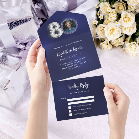 80e Verjaardag marine blauw zilver foto rsvp All In One Uitnodiging