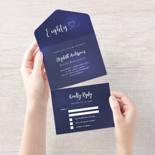 80e Verjaardag marine blauw zilver rsvp All In One Uitnodiging (Uittrekbaar)