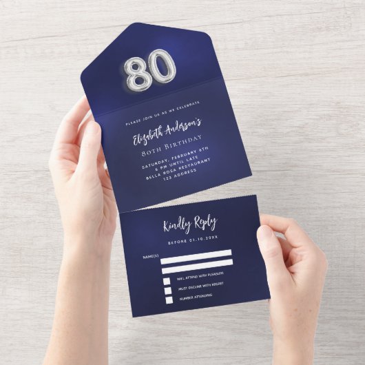 80e Verjaardag marine blauw zilver rsvp All In One Uitnodiging (Afscheurbaar)