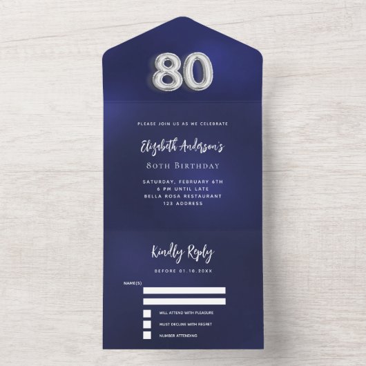 80e Verjaardag marine blauw zilver rsvp All In One Uitnodiging (Binnen)