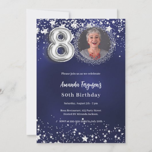 80e verjaardag marine blauw zilveren sterren foto  kaart (Voorkant)
